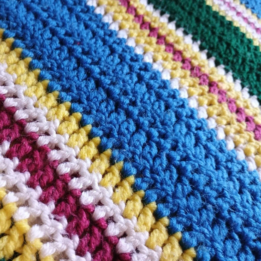 Vintage Handmade Crochet throw blanket multicolor 61in*24in Cottagecore Heavy XL